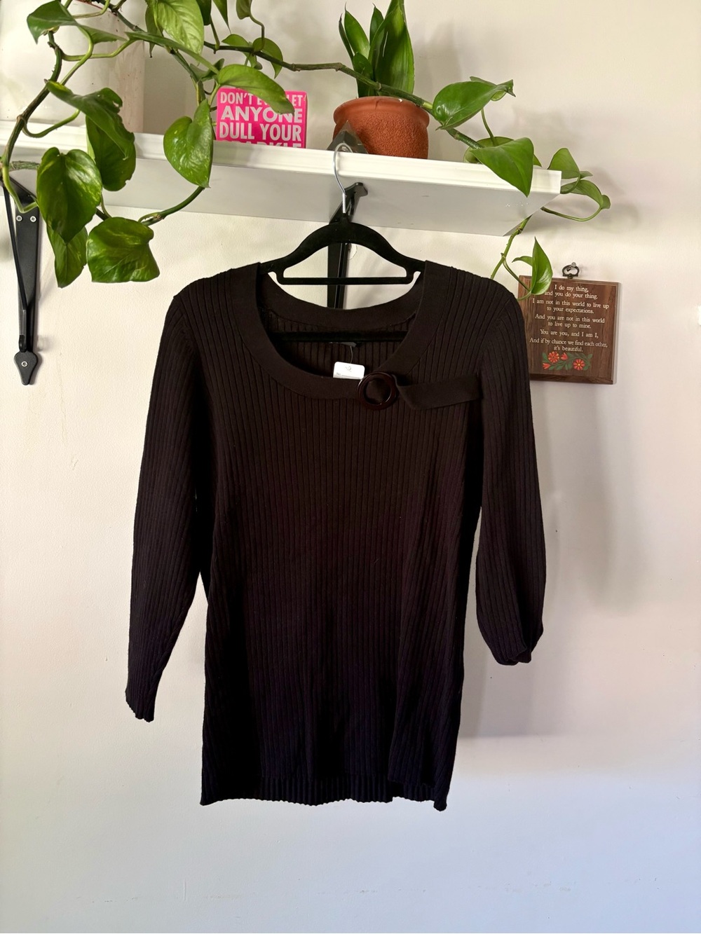 Ribbed Scoop Neck Long Sleeve Dress with Decorative Buckle - Black